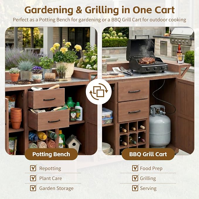 60.2''W Outdoor Kitchen Island with Wheels, Solid Fir Wood Kitchen Cart Grill Cart with Stainless Steel Top, Spice Rack, Wine Rack, 2 Bottom Cabinets with Adjustable Shelves, 2 Drawers (Brown-117)
