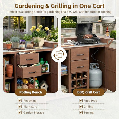 60.2''W Outdoor Kitchen Island with Wheels, Solid Fir Wood Kitchen Cart Grill Cart with Stainless Steel Top, Spice Rack, Wine Rack, 2 Bottom Cabinets with Adjustable Shelves, 2 Drawers (Brown-117)