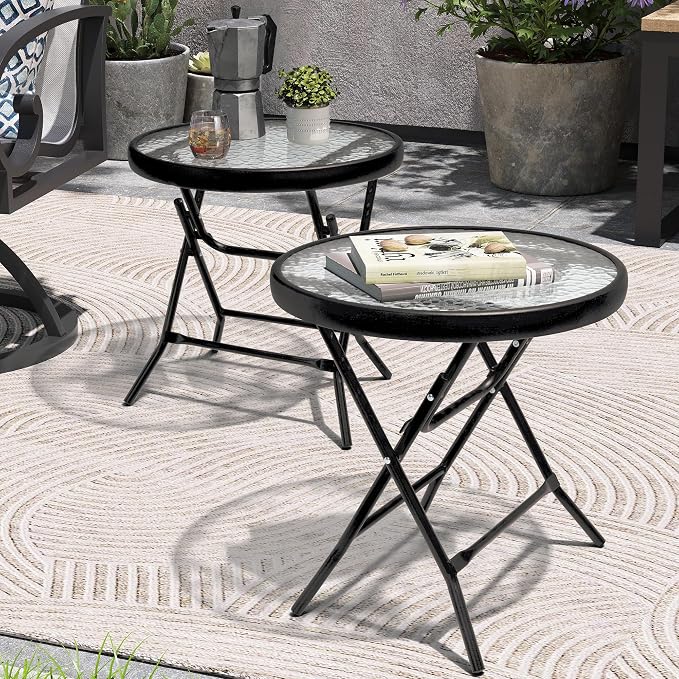 Foldable Side Table with Tempered Glass Top, 2 Pack Black & White | 18" Small Patio Side Tables Outdoor for Porch Yard Balcony Deck Lawn Garden