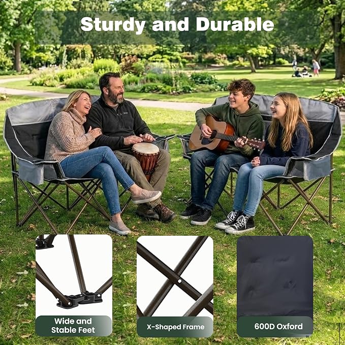 SUNNYFEEL Double Camping Chair Oversized Loveseat for Adults | 600LBS Heavy Duty Padded Camping Couch with Cup Holder, Cooler, Storage Pockets & Carry Bag for Outdoor/ Lawn/ Backyard