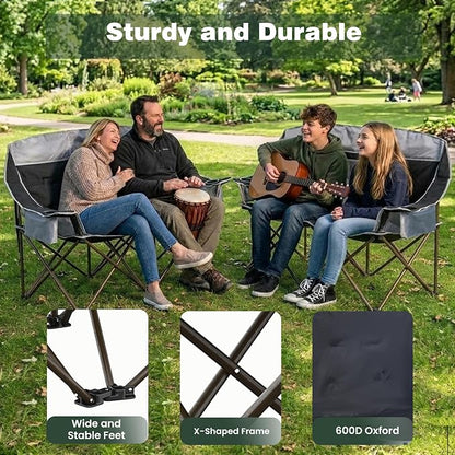 SUNNYFEEL Double Camping Chair Oversized Loveseat for Adults | 600LBS Heavy Duty Padded Camping Couch with Cup Holder, Cooler, Storage Pockets & Carry Bag for Outdoor/ Lawn/ Backyard