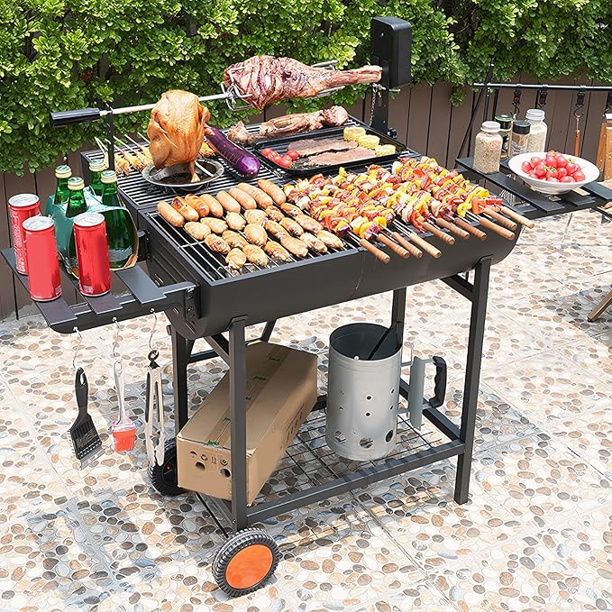 Generic Barrel Charcoal Grill Outdoor BBQ Grill with 871 Sq. In. Cooking Area Charcoal Barbecue Grills with 2 Foldable Side Tables for Backyard Patio Picnic Parties Camping