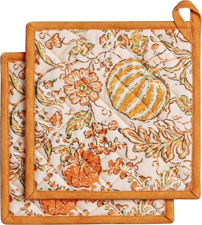 Maison d' Hermine Pot Holders 100% Cotton Potholders (8" x 8", Pack of 2) | Heat Resistant Hot Pads with Loop BBQ Cooking Baking Hotel Kitchen Handling Hot Pans Thanksgiving Christmas - Pumpkin Spice