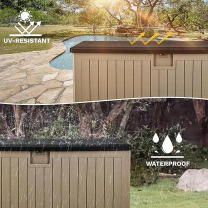 DWVO 260 Gallon Resin Outdoor Storage Box, XXL Double-Wall Waterproof Deck Box with Divider, Doubles as Table or Seating with 1000 lbs Capacity, Lockable (Black&Brown)