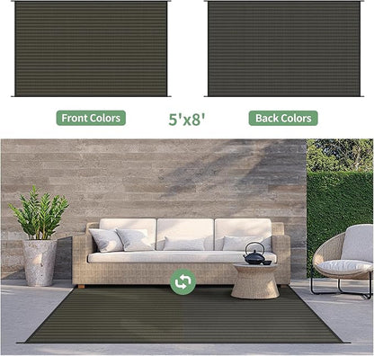 GENIMO Outdoor Rug, Waterproof Plastic Rugs for Patio, 5'x8' Ebony Brown | Outside Larger Modern Carpet Mat for Porch Decor, Deck, Balcony, Camping, RV, Backyard, Picnic, Beach, Reversible, Foldable