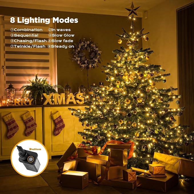 WBao Long Warm White Christmas Lights Indoor Outdoor 500LED 174ft, Super Bright LED Christmas String Lights with UL Certified, 8 Light Modes, Timer, Memory & Waterproof for Trees, Patio, Party Decor