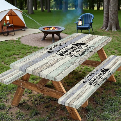 Picnic Table Cover with Bench Covers Elastic Edges, Outdoor Patio Camping Essentials 72 Inch 3PCS, Wooden Camper Fitted Table Cover, Waterproof Rectangle Tablecloth with Drawstring Bag,Grey
