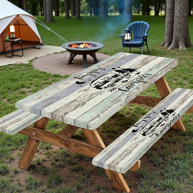Picnic Table Cover with Bench Covers Elastic Edges, Outdoor Patio Camping Essentials 60 Inch 3PCS, Wooden Camper Fitted Table Cover, Waterproof Rectangle Tablecloth with Drawstring Bag
