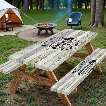 Picnic Table Cover with Bench Covers Elastic Edges, Outdoor Patio Camping Essentials 60 Inch 3PCS, Wooden Camper Fitted Table Cover, Waterproof Rectangle Tablecloth with Drawstring Bag