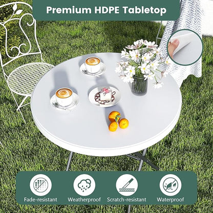Tangkula 32" Round Folding Table, Portable Picnic Table with All-Weather HDPE Tabletop, Heavy-Duty Metal Frame, Heavy Duty Plastic Outdoor Table for Camping, Dining, BBQ, Party, No Assembly Needed