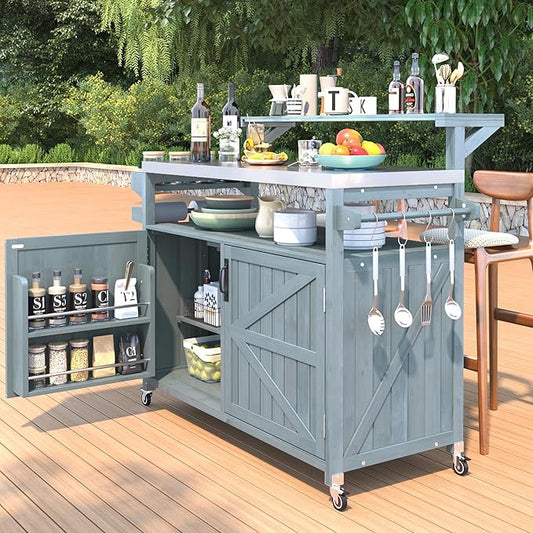 Outdoor Kitchen Island with Raised Shelf, Storage Cabinet with Stainless Steel Top,Outdoor Rolling Grill Cart with Internal Storage Rack, Adjustable Shelf,Spice Rack (Grey+Blue-@Outdoor cart)