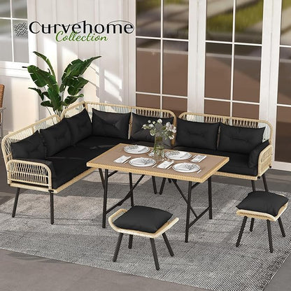 YITAHOME L-Shaped Patio Furniture Set, All-Weather Rattan Outdoor Conversation Sofa with Soft Cushions, Ottomans & Plastic Wood Dining Table for Backyard Deck, Light Brown + Black