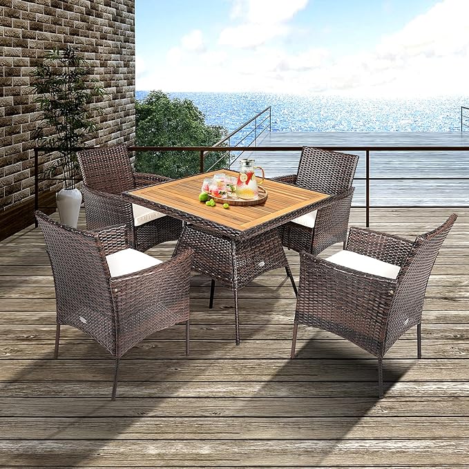 HAPPYGRILL 5 Pieces PE Wicker Patio Dining Set with Table and Chairs with Cushions, Outdoor Patio Furniture Set for Deck, Garden and Backyard (Brown Beige & Wood)