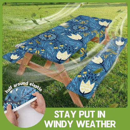 Picnic Table Cover with Bench Covers Waterproof Elastic Rectangle Tablecloth Camping Essentials Supplies Rv Car Travel Gear Must Haves Accessories Fitted Table Cloth Outdoor Road Trip Camper Gifts 6ft