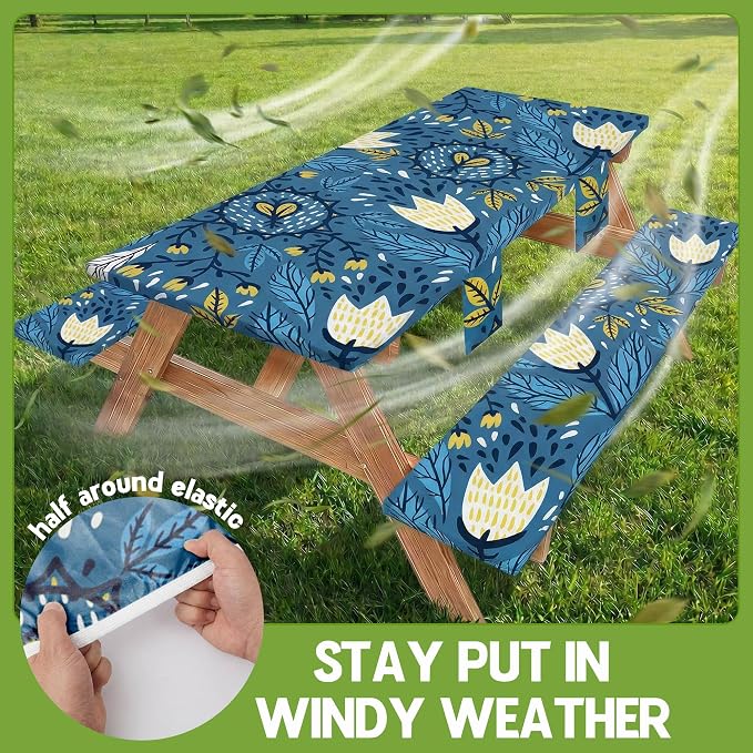 Picnic Table Cover with Bench Covers Waterproof Elastic Rectangle Tablecloth Camping Essentials Supplies Rv Car Travel Gear Must Haves Accessories Fitted Table Cloth Outdoor Road Trip Camper Gifts 8ft