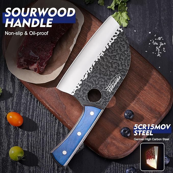 6.8Inch Serbian Chef Knife- Butcher Knife Meat Cleaver Set for Cooking, Chopping. Kitchen Knives with Leather Sheath for Home, Camping, BBQ