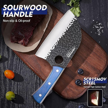 6.8Inch Serbian Chef Knife- Butcher Knife Meat Cleaver Set for Cooking, Chopping. Kitchen Knives with Leather Sheath for Home, Camping, BBQ