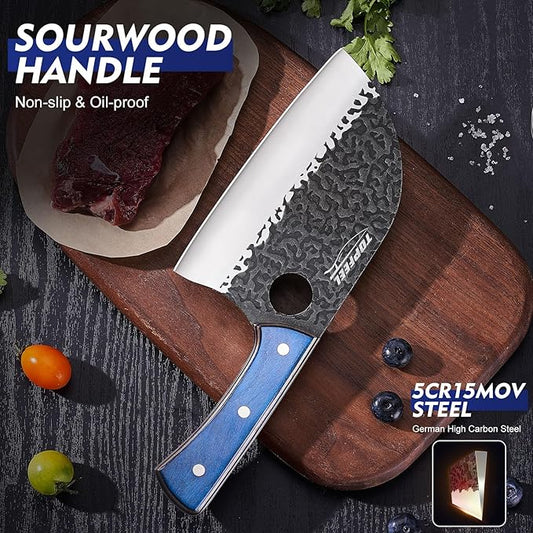 6.8Inch Serbian Chef Knife- Butcher Knife Meat Cleaver Set for Cooking, Chopping. Kitchen Knives with Leather Sheath for Home, Camping, BBQ