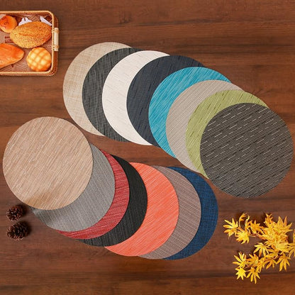 Round Placemats Set of 8 Heat Resistant Vinyl Placemats 15 inch Washable Non-Slip Table Mats Woven Place Mats for Dining Table (Black + Dark Blue, Set of 8)