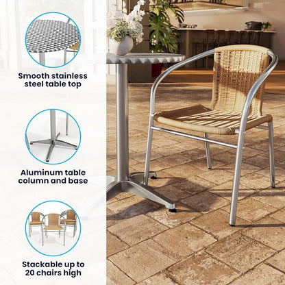 Flash Furniture Lila 31.5'' Round Aluminum Indoor-Outdoor Table Set with 2 Beige Rattan Chairs | Indoor/Outdoor Use, Beige Rattan Chairs