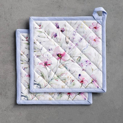 Maison d' Hermine Pot Holders 100% Cotton Heat Resistant Potholders 8" x 8" Hot Pads with Loop BBQ Cooking Baking Hotel Farmhouse Kitchen Handling Hot Pans Spring Summer (Pack of 2, Summer Floral)
