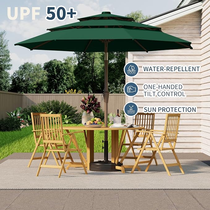 9FT 3 Tiers Patio Umbrella With Auto Tilt And Crank, Outdoor Table Market Umbrella with 8 Sturdy Ribs for Garden, Lawn, Deck, Backyard and Pool