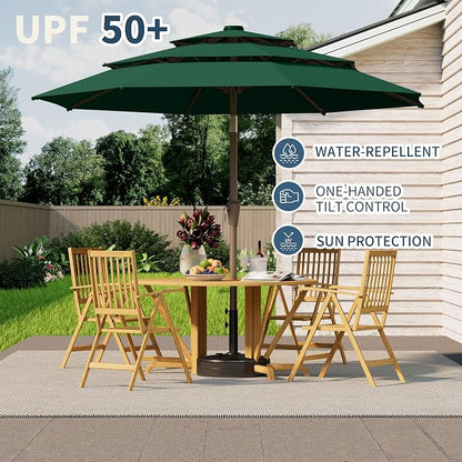 9FT 3 Tiers Patio Umbrella With Auto Tilt And Crank, Outdoor Table Market Umbrella with 8 Sturdy Ribs for Garden, Lawn, Deck, Backyard and Pool