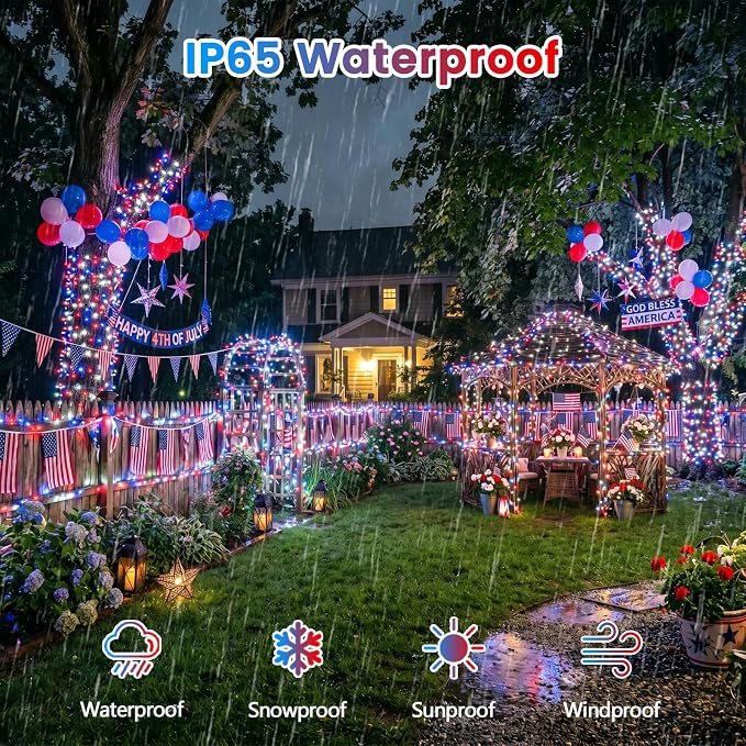 Upgrade 2Pack 500LED Solar String Lights Outdoor Waterproof, Solar Lights Outdoor String with 8 Modes, IP65 Waterproof Twinkle Christmas Light for Outside, Garden Tree Decoration, Red White Blue
