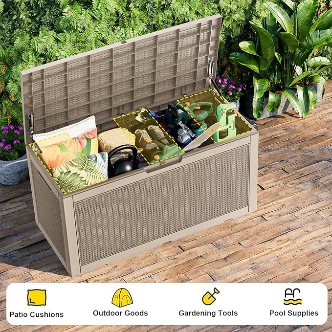 120 Gallon Outdoor Storage Box Waterproof - Outside Resin Deck Box, Lockable Storage Bin for Patio Furniture,Garden Tools,Cushions,Pool Accessories(Grey)