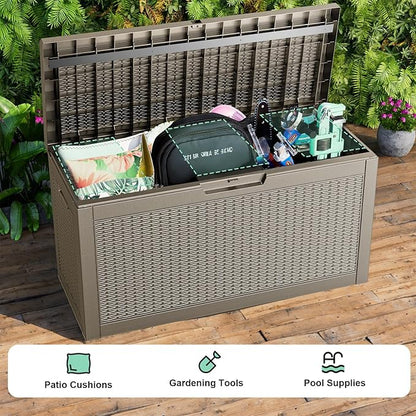 Vixzen 60 Gallon Outdoor Deck Box, Lockable Resin Waterproof Storage Box, UV Resistant, Weather Resistance, Outside Storage Bin for Gardening Tools, Pool Supplies (Grey, 60 Gallon)