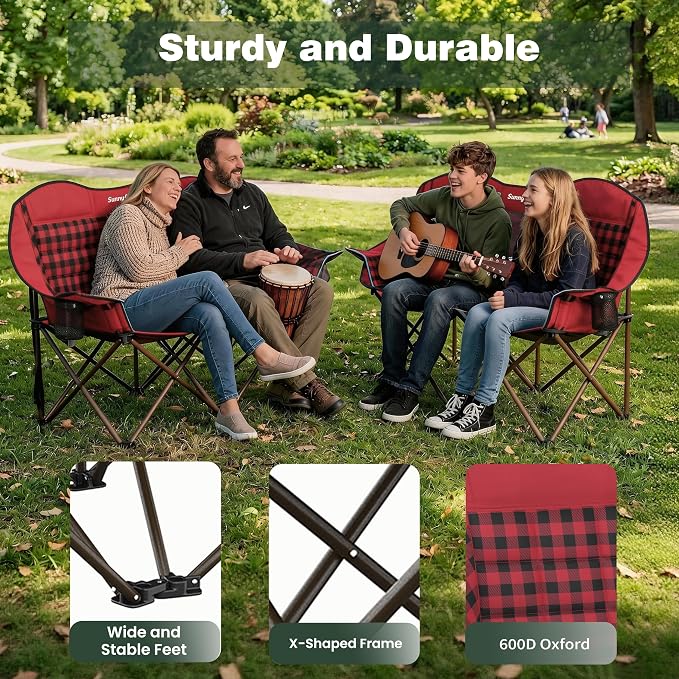 SUNNYFEEL Double Camping Chair Oversized Loveseat for Adults | 600LBS Heavy Duty Padded Camping Couch with Cup Holder, Storage Pockets & Carry Bag for Patio RV/ Lawn/ Backyard