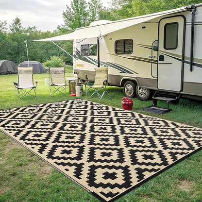 Smiry Outdoor Rug 8x10 ft Waterproof Reversible Boho Mat, Black & Beige | Polypropylene Plastic Straw, Quick Drying, Lightweight Foldable, for Patio, Deck, RV Camping, Backyard and Indoor Outdoor Use