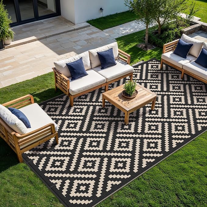 GENIMO Outdoor Rug, Waterproof Plastic Rugs 10'x14' for Camping Black Beige | Outside Larger Modern Carpet Mat for Patio Decor, RV, Porch, Camper, Deck, Picnic, Beach, Backyard, Reversible, Foldable