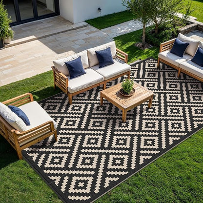 GENIMO Outdoor Rug, Waterproof Plastic Rugs 10'x14' for Camping Black Beige | Outside Larger Modern Carpet Mat for Patio Decor, RV, Porch, Camper, Deck, Picnic, Beach, Backyard, Reversible, Foldable
