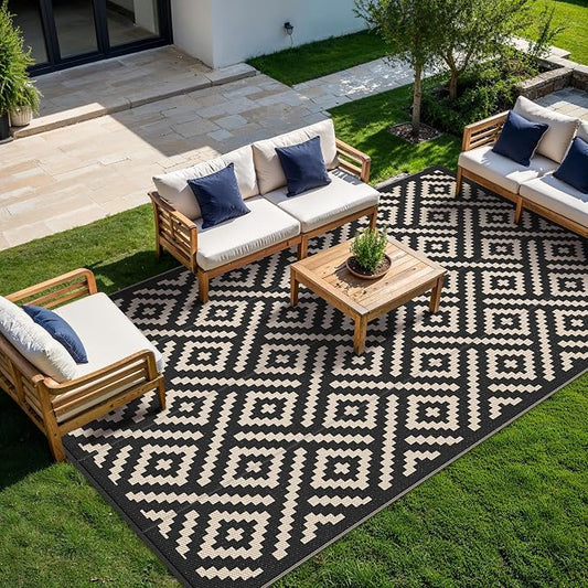 GENIMO Outdoor Rug, Waterproof Plastic Rugs 10'x14' for Camping Black Beige | Outside Larger Modern Carpet Mat for Patio Decor, RV, Porch, Camper, Deck, Picnic, Beach, Backyard, Reversible, Foldable