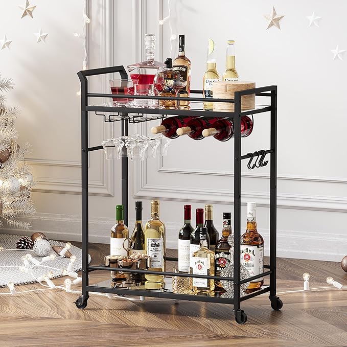 3 Tier Bar Cart, Small Beverage Cart, Mini Bar Cart with Wine Rack, Home Bar Serving Cart with Wheels for Kitchen Dining Living Room (Black, Mirrored) GBC106BU