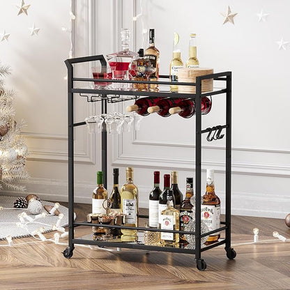 3 Tier Bar Cart, Small Beverage Cart, Mini Bar Cart with Wine Rack, Home Bar Serving Cart with Wheels for Kitchen Dining Living Room (Black, Mirrored) GBC106BU