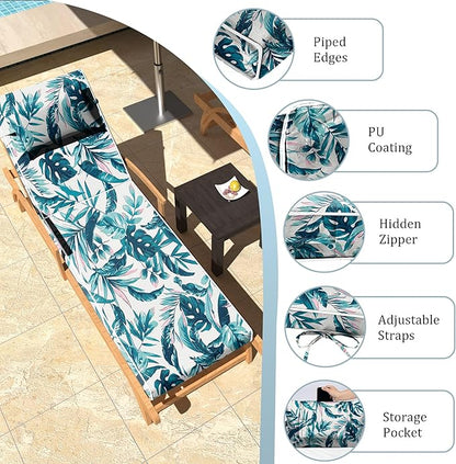 Chaise Lounge Cushions Outdoor Set of 2 Lounge Chair Cushion 72" L x 21" W with Headrest Straps 3'' Thick Waterproof Patio Chaise Cushions Pool Lounger Chair Cushion(Leaves & Flowers)