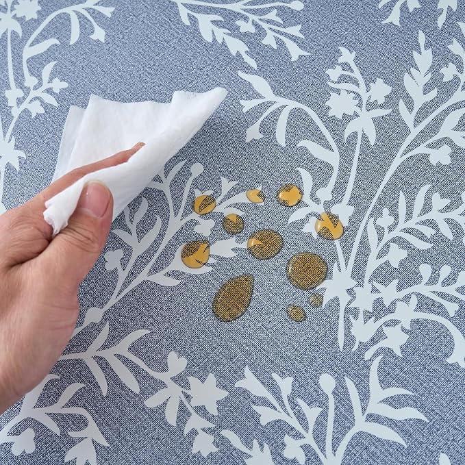 LIBERECOO Round Fitted Tablecloth with Elastic, Flannel Backed Vinyl Tablecloths for 40" - 44" Tables, Waterproof Wipeable Reusable Plastic Table Cloth for Indoor & Outdoor, Light Wash Denim