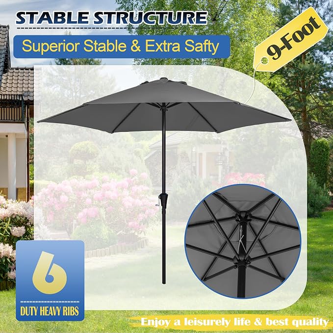 Sunnyglade 9FT Outdoor Patio Umbrella, Market & Table Umbrella with 6 Sturdy Ribs and Crank System, Fade-resistant & Waterproof for Garden Backyard Poolside Deck