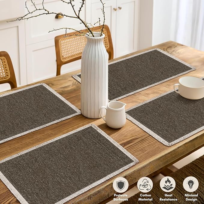 Hausattire Cotton Frayed Placemats Set of 6 Dining Table 13x19 Inch | Rustic Vintage Boho Washable Easter Placemat for Outdoor Parties BBQ's Wedding, Holiday,Nubby Cotton - Brown