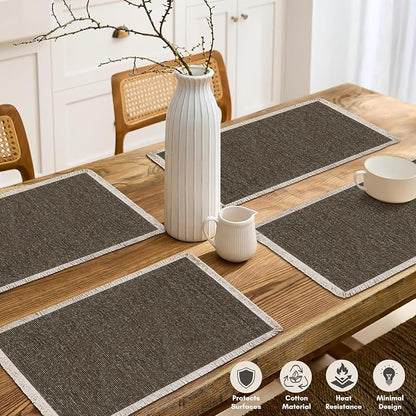 Hausattire Cotton Frayed Placemats Set of 6 Dining Table 13x19 Inch | Rustic Vintage Boho Washable Easter Placemat for Outdoor Parties BBQ's Wedding, Holiday,Nubby Cotton - Brown