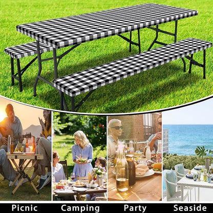 Picnic Table Cover with Bench Covers, Black and White Checkered Waterproof and Windproof, Fitted Tablecloth Cover with Elastic Edge, for Outdoor, Garden, Camping, 3 Pieces Set, 30x72 Inch