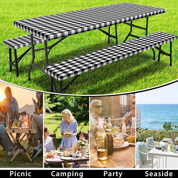 Picnic Table Cover with Bench Covers, Black and White Checkered Waterproof and Windproof, Fitted Tablecloth Cover with Elastic Edge, for Outdoor, Garden, Camping, 3 Pieces Set, 30x96 Inch