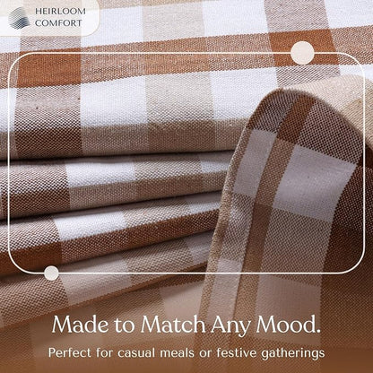 Gingham Check Tablecloth 60"x102", 100% Cotton, Classic Check, Reusable & Machine Washable, Rustic Dining Table Cover for Kitchen, Holidays, Outdoor, Brown & Beige