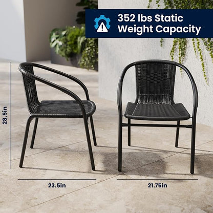 Flash Furniture Lila 23.5'' Square Glass Metal Table with 2 Black Rattan Stack Chairs | Durable Construction, Commercial Use