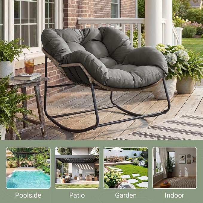 Bifanuo Oversized Egg Rocking Chair for Indoor/Outdoor – All-Weather Wicker Rattan Lounge Chair with Cushion, Patio Rocker for Porch, Garden, or Balcony (Classic Grey)
