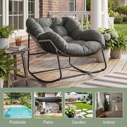 Bifanuo Oversized Egg Rocking Chair for Indoor/Outdoor – All-Weather Wicker Rattan Lounge Chair with Cushion, Patio Rocker for Porch, Garden, or Balcony (Classic Grey)