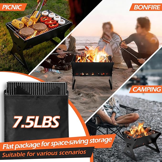 Portable Campfire Grill, HaSteeL Mini Barbecue Slot with Grate & Carry Bag, Heavy-duty BBQ Outdoor Fire Pit for Camping Backyard, Bonfire, Patio, Easy Assembly