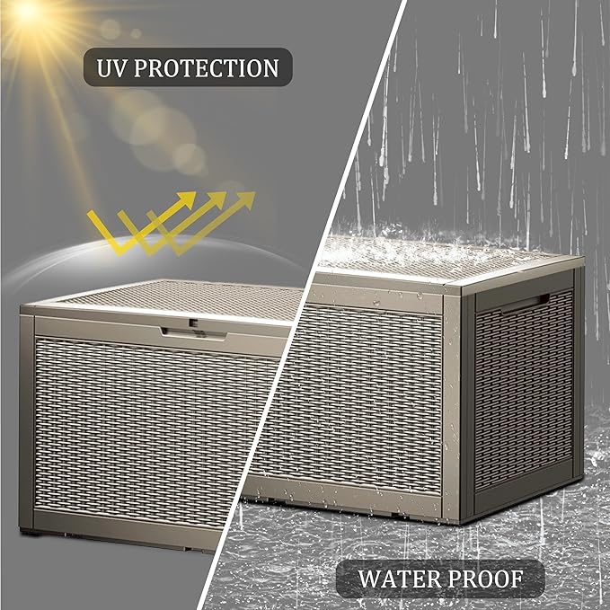Outdoor Storage Box, 110 Gallon Resin Deck Box Waterproof for Patio Furniture, Garden Tools and Pool Accessories, Lockable UV-Resistant Storage Bin Bench Cabinet for Outside, Grey